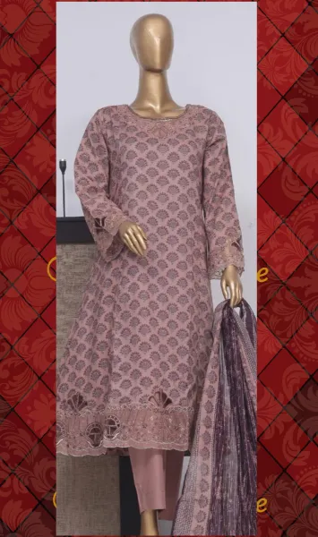 Pakistani Original Bin Saeed luxury Stitched Cotton Embroidered Gown 3 Pcs _ Copper Brown 